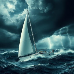 A dramatic scene featuring a white sailboat caught in a fierce storm, with dark, swirling clouds overhead and bright bolts of lightning illuminating the sky in the background
