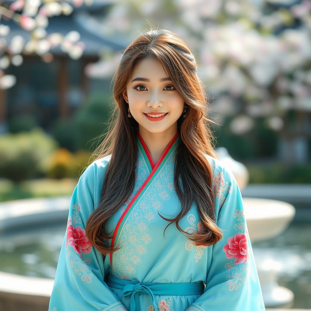 A charming Korean woman elegantly dressed in a traditional kabaya, showcasing the beautiful and intricate designs of the fabric