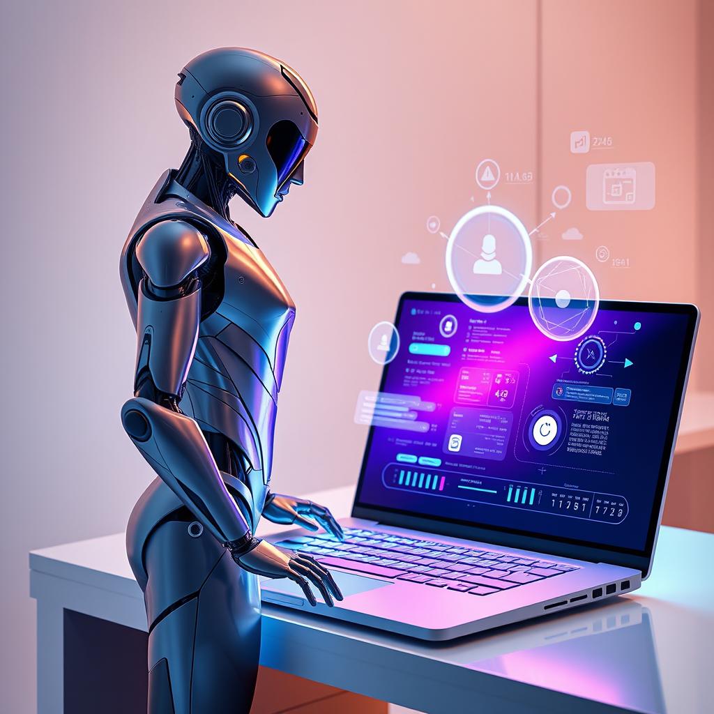 A futuristic scene featuring a sleek, modern android standing beside a high-tech laptop