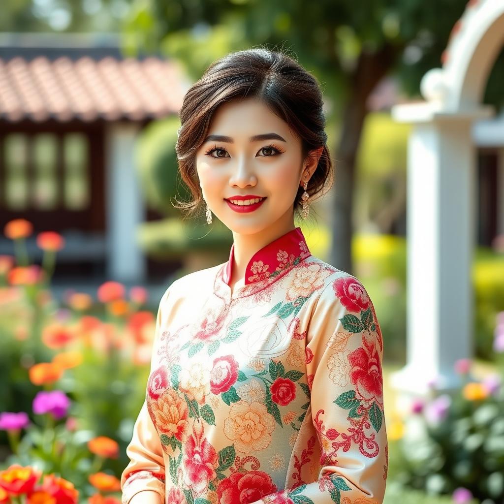 A charming Korean woman elegantly dressed in a traditional kebaya, showcasing the intricate patterns and vibrant colors of the fabric