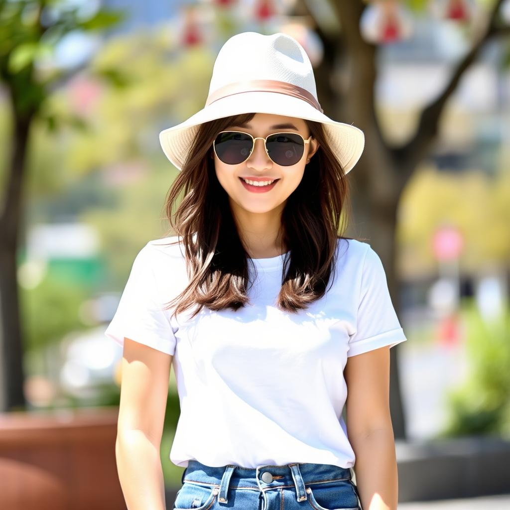 A charming Korean woman dressed casually in a stylish white t-shirt and fitted jeans, complemented by a trendy hat and fashionable sunglasses