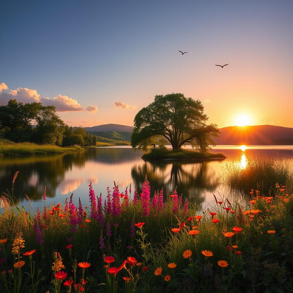 A serene landscape featuring a tranquil lake surrounded by lush green trees and vibrant wildflowers