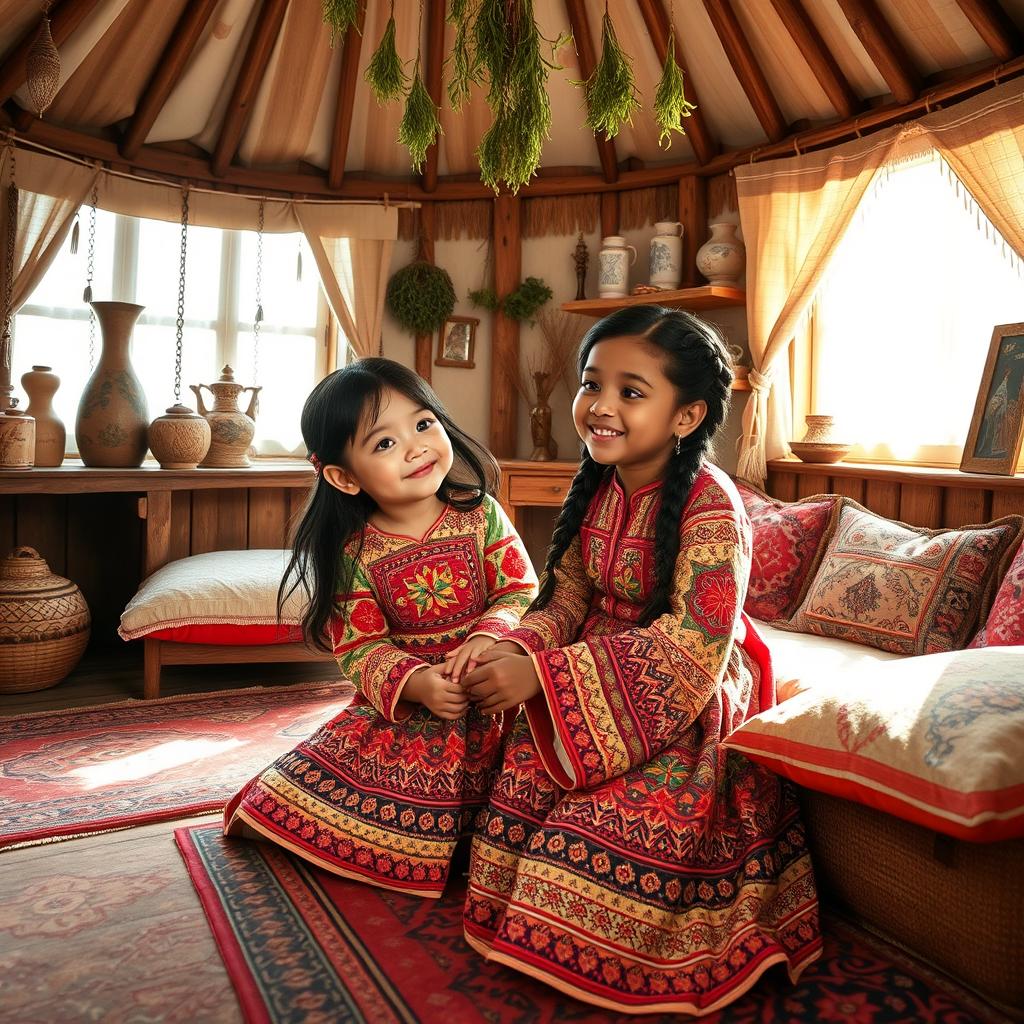 A heartwarming scene depicting two Kazakh sisters, Anel and Khanshayim, inside a traditional Kazakh home
