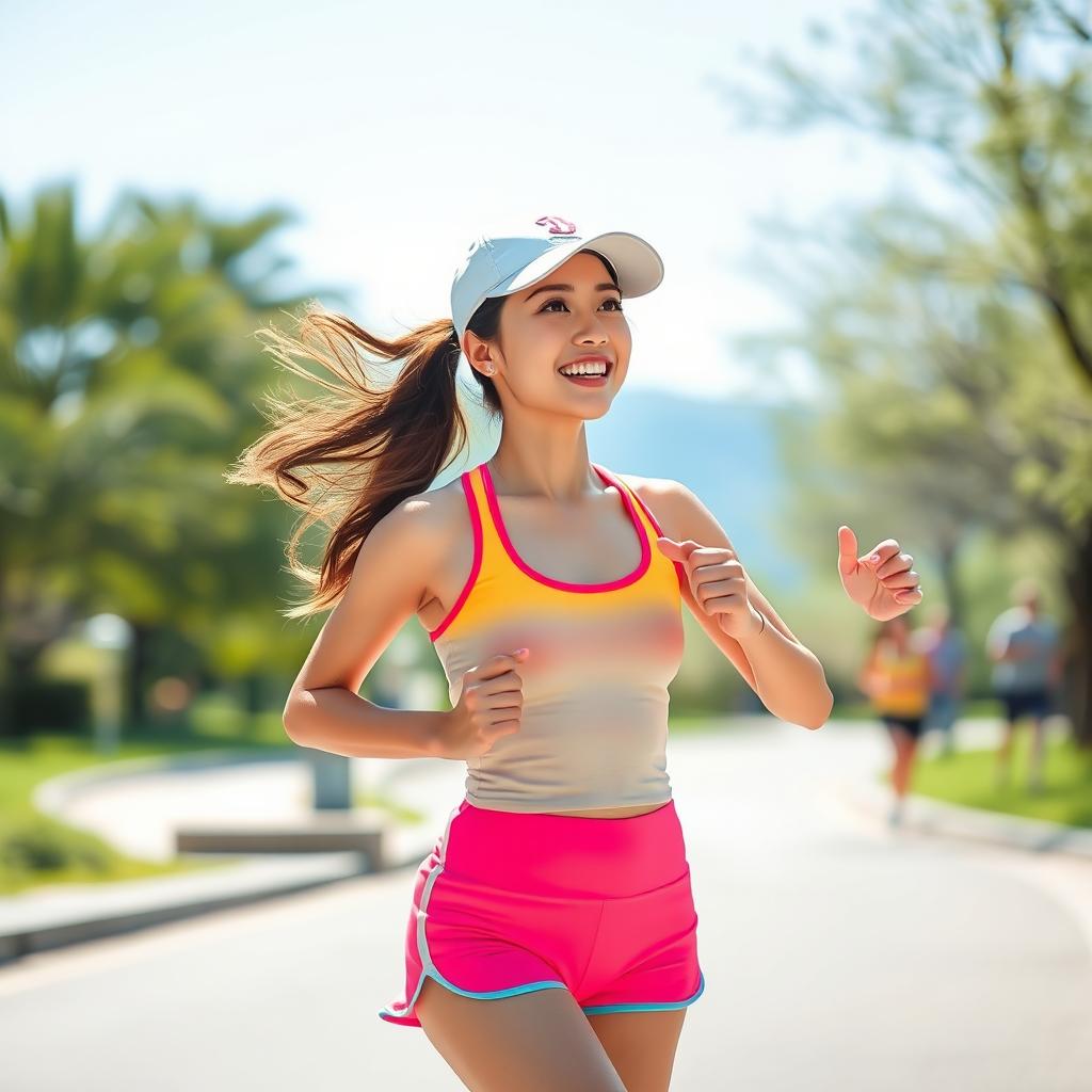 A charming Korean woman with body-fit proportions, dressed in vibrant sporty clothes, including a snug-fitting tank top and athletic shorts