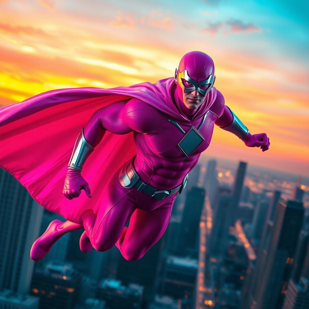 A vibrant pink superhero in a dynamic pose, wearing a sleek, form-fitting costume adorned with silver accents