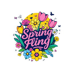 A vibrant and colorful logo for a spring party, featuring blooming flowers such as tulips and daisies in shades of pink, yellow, and blue