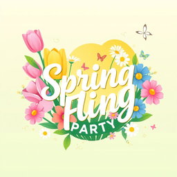 A vibrant and colorful logo for a spring party, featuring blooming flowers such as tulips and daisies in shades of pink, yellow, and blue