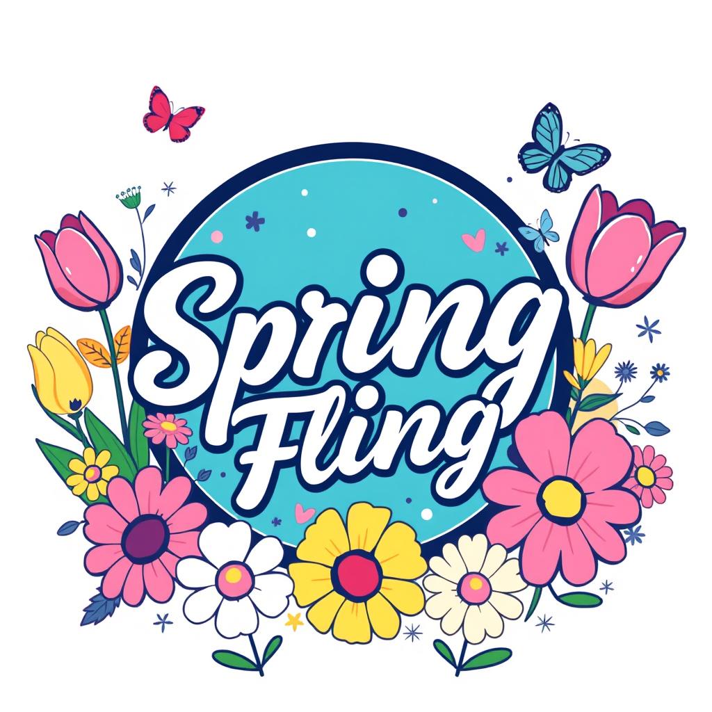 A vibrant and colorful logo for a spring party, featuring blooming flowers such as tulips and daisies in shades of pink, yellow, and blue