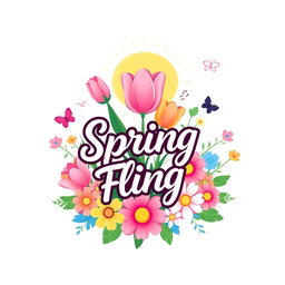 A vibrant and colorful logo for a spring party, featuring blooming flowers such as tulips and daisies in shades of pink, yellow, and blue