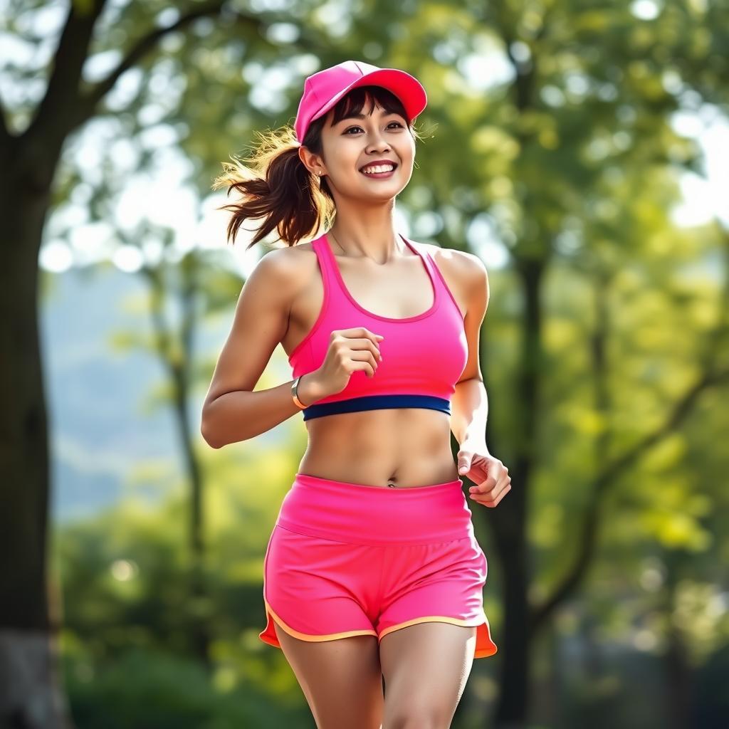 A charming Korean woman with a fit physique, dressed in vibrant sporty clothes, including a snug tank top and athletic shorts