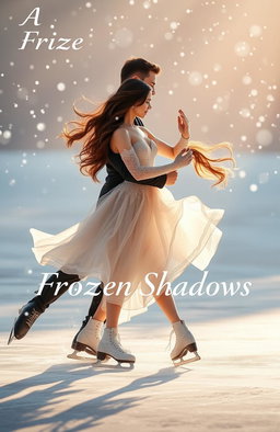 A romantic scene of a couple ice skating together in a graceful figure skating pose, showcasing their fluid movements on the ice