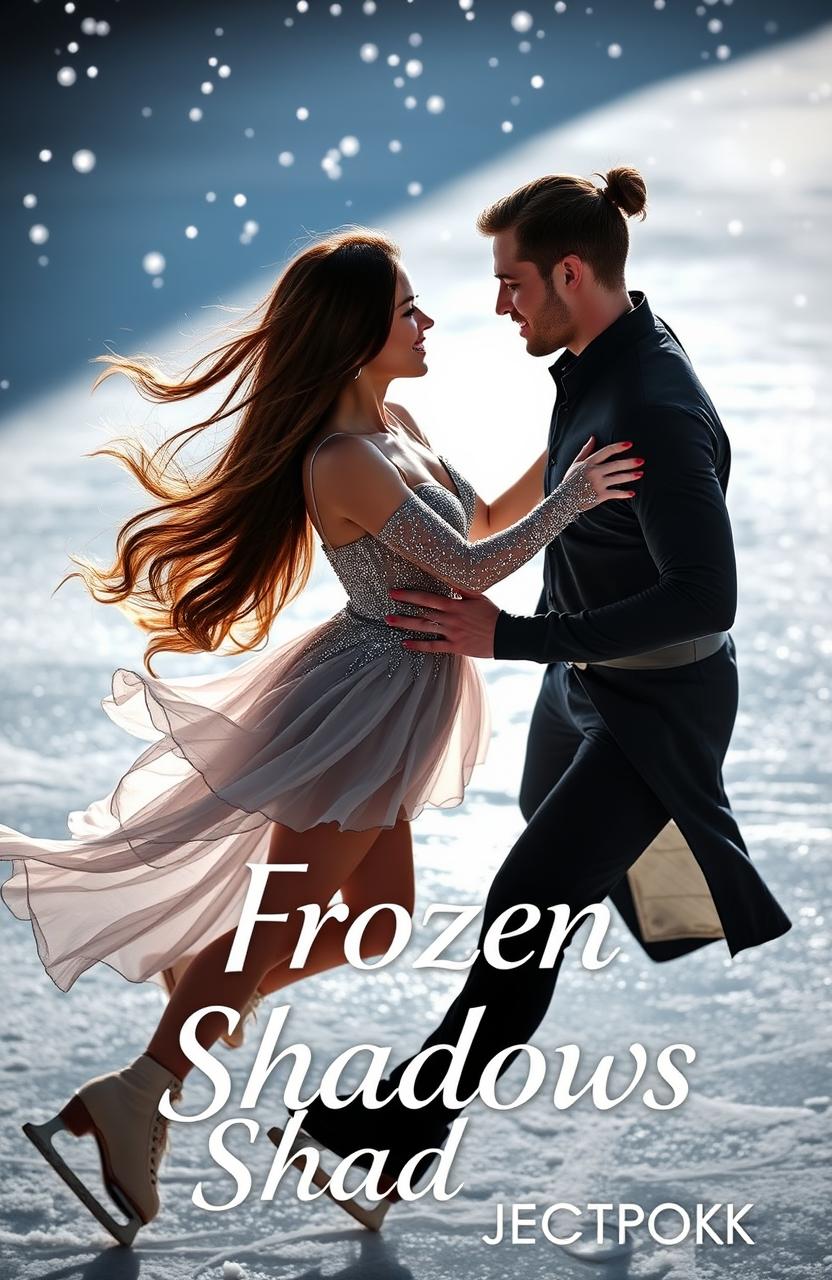 A romantic scene of a couple ice skating together in a graceful figure skating pose, showcasing their fluid movements on the ice
