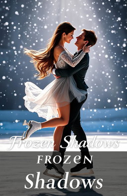 A romantic scene of a couple ice skating together in a graceful figure skating pose, showcasing their fluid movements on the ice