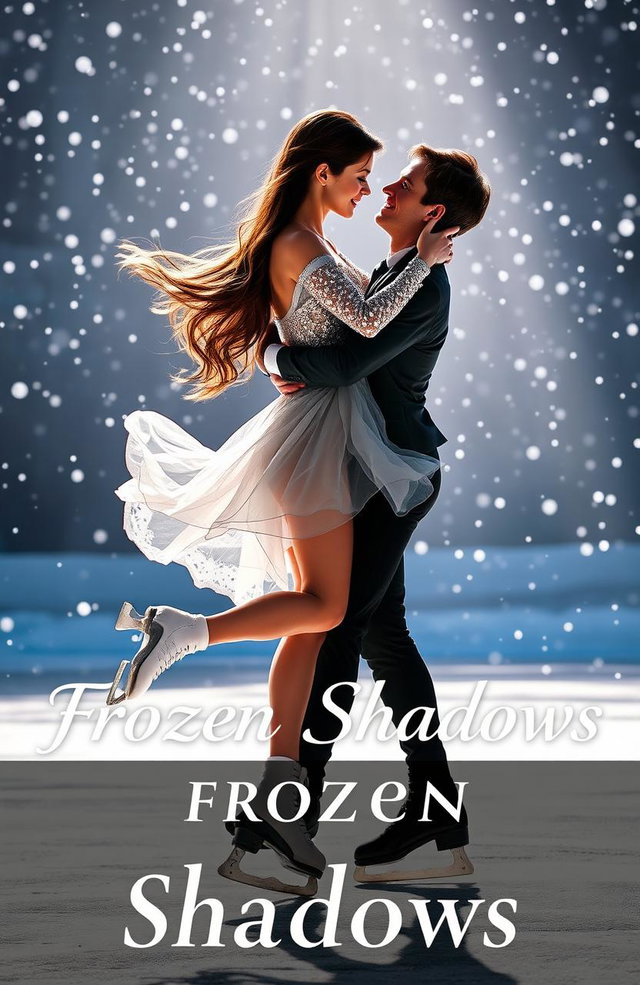 A romantic scene of a couple ice skating together in a graceful figure skating pose, showcasing their fluid movements on the ice