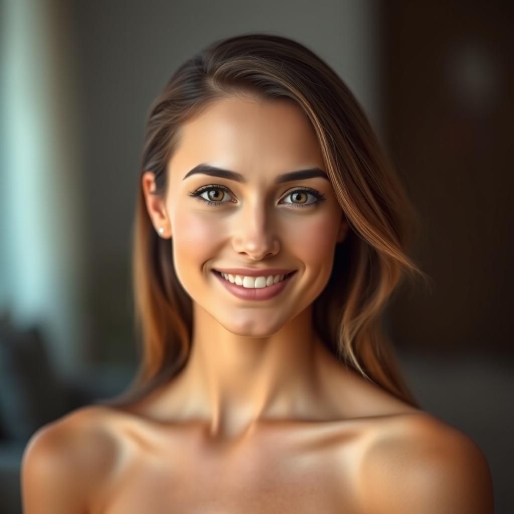 A stunning portrait of a beautiful woman with a softly glowing complexion, illuminated from the front to highlight her uniform skin tone