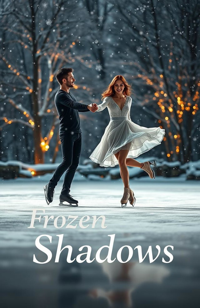 A romantic scene of a couple ice skating gracefully on a frozen pond, surrounded by glistening snowflakes