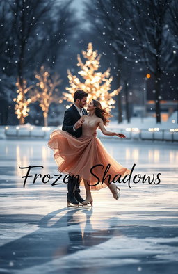 A romantic scene of a couple ice skating gracefully on a frozen pond, surrounded by glistening snowflakes