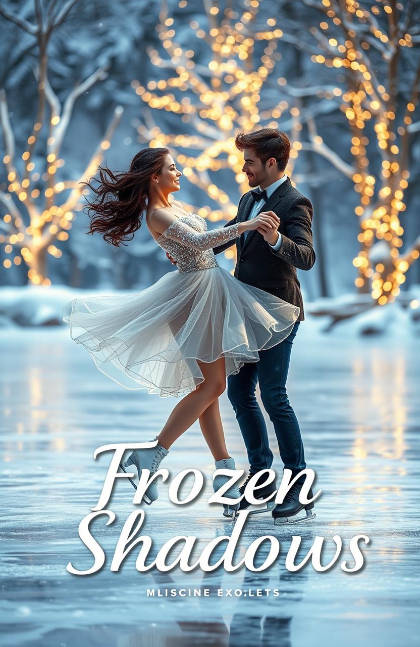 A romantic scene of a couple ice skating gracefully on a frozen pond, surrounded by glistening snowflakes