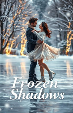 A romantic scene of a couple ice skating gracefully on a frozen pond, surrounded by glistening snowflakes