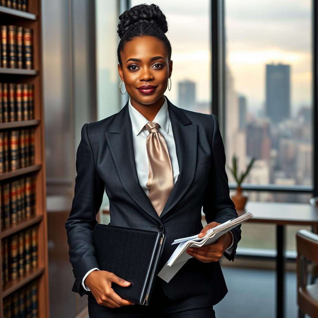 An elegant lawyer standing confidently in a stylish office environment, wearing a tailored dark suit with a crisp white shirt and a silk tie, exuding professionalism and sophistication