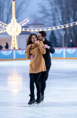 A romantic scene of a couple ice skating on a beautiful ice rink