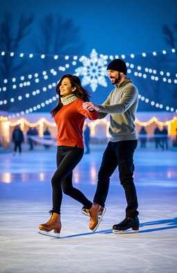 A romantic scene of a couple ice skating on a beautiful ice rink