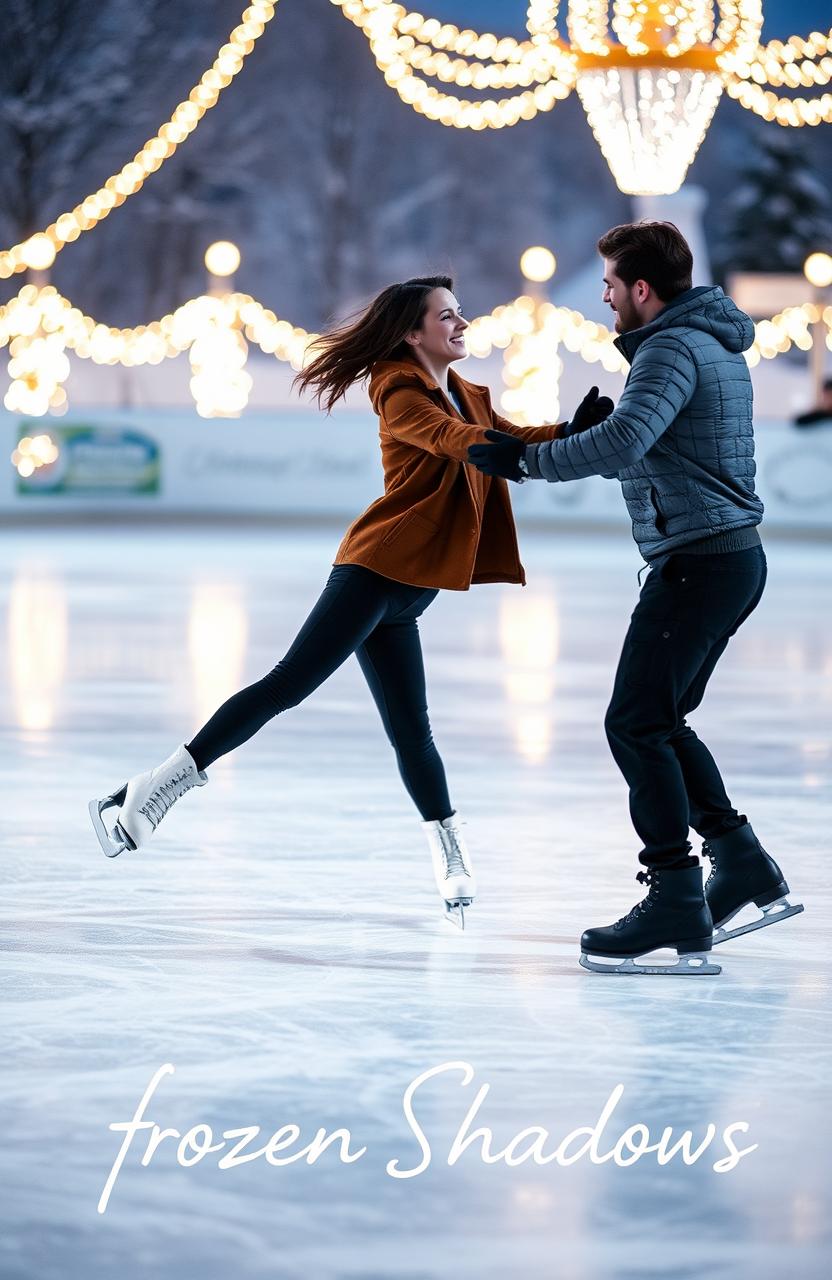 A romantic scene of a couple ice skating on a beautiful ice rink