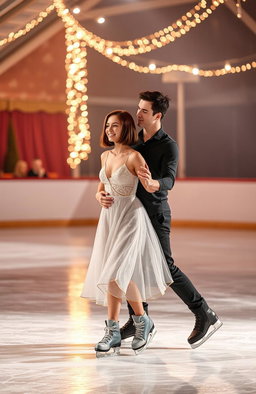 A romantic scene of a couple ice skating on a beautiful ice rink