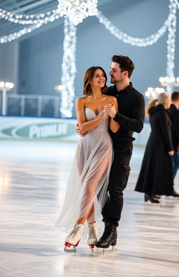 A romantic scene of a couple ice skating on a beautiful ice rink