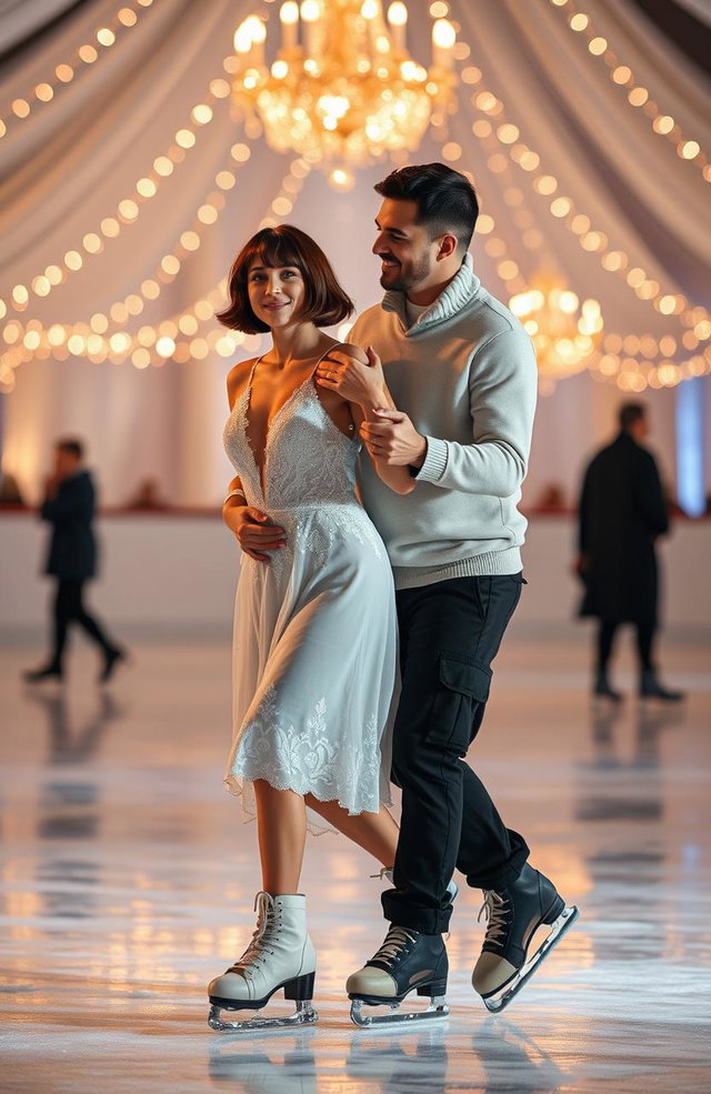 A romantic scene of a couple ice skating on a beautiful ice rink