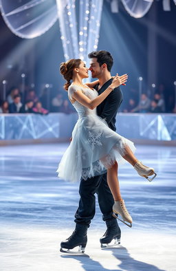 A graceful couple ice skating in an enchanting ice rink titled 'Frozen Shadows'