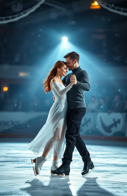 A graceful couple ice skating in an enchanting ice rink titled 'Frozen Shadows'