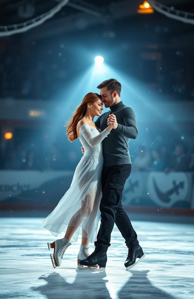 A graceful couple ice skating in an enchanting ice rink titled 'Frozen Shadows'