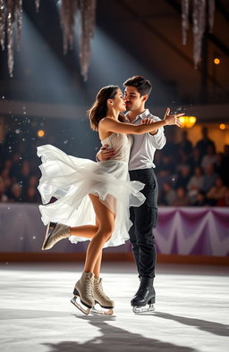 A graceful couple ice skating in an enchanting ice rink titled 'Frozen Shadows'