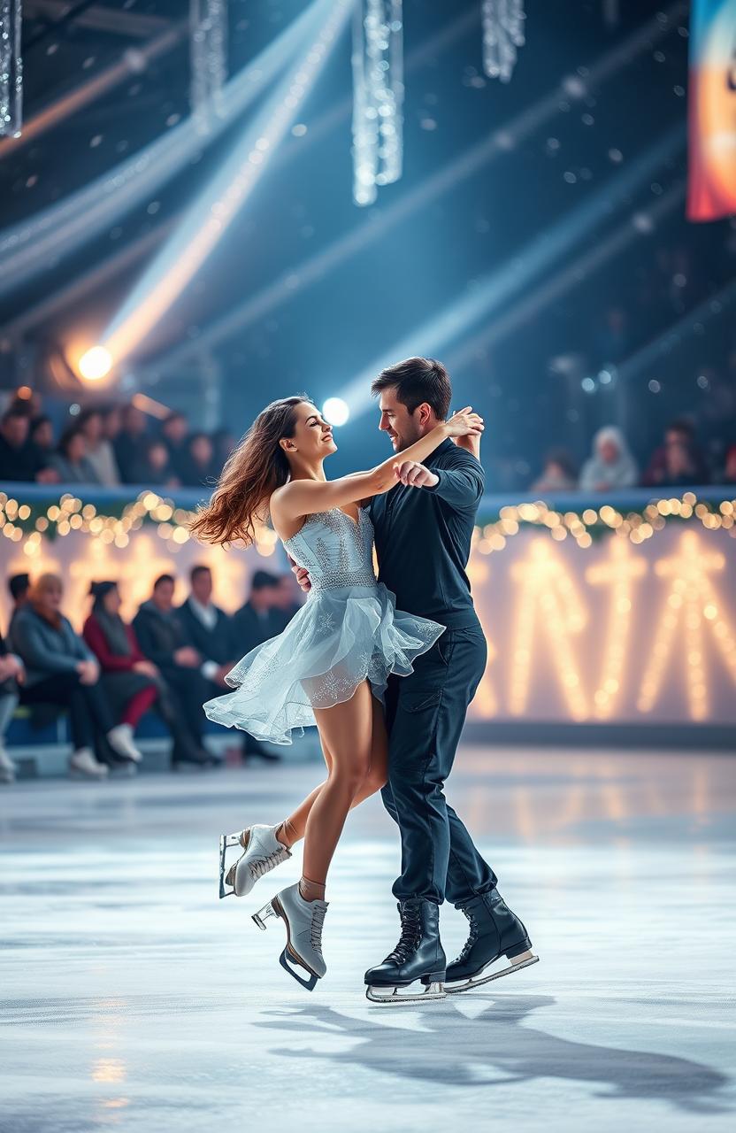 A graceful couple ice skating in an enchanting ice rink titled 'Frozen Shadows'