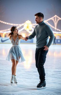 A romantic scene capturing a couple ice skating on a beautiful ice rink