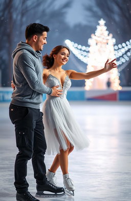 A romantic scene capturing a couple ice skating on a beautiful ice rink