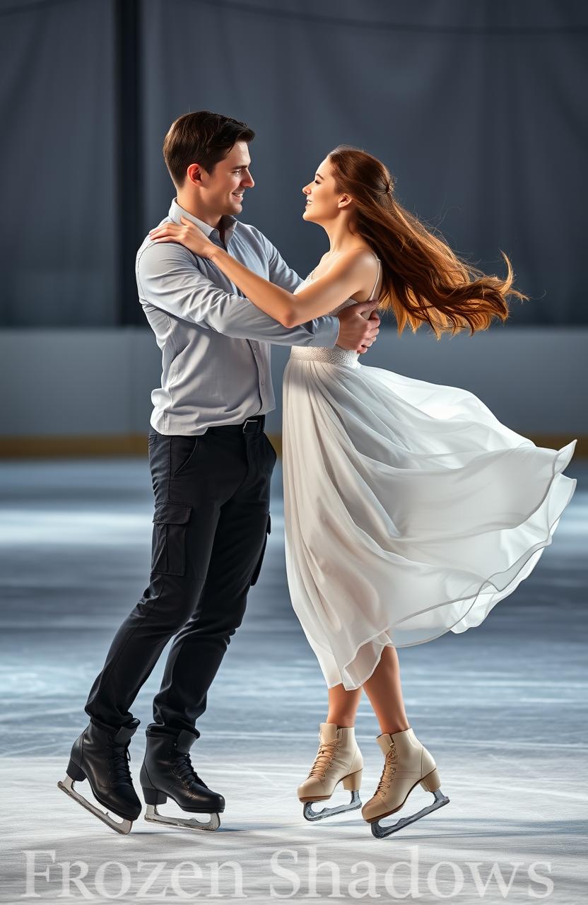 A romantic scene of a 20-year-old brunette woman in a flowing white figure skating dress, gliding gracefully on an ice rink