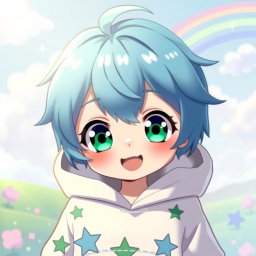 A cute anime boy with vibrant blue hair and large, expressive emerald green eyes
