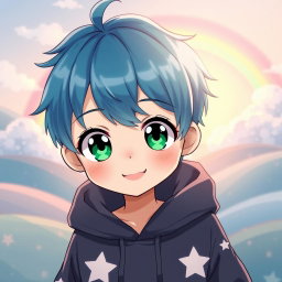 A cute anime boy with vibrant blue hair and large, expressive emerald green eyes