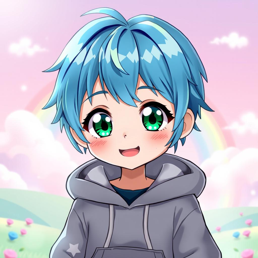 A cute anime boy with vibrant blue hair and large, expressive emerald green eyes