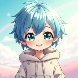 A cute anime boy with vibrant blue hair and large, expressive emerald green eyes