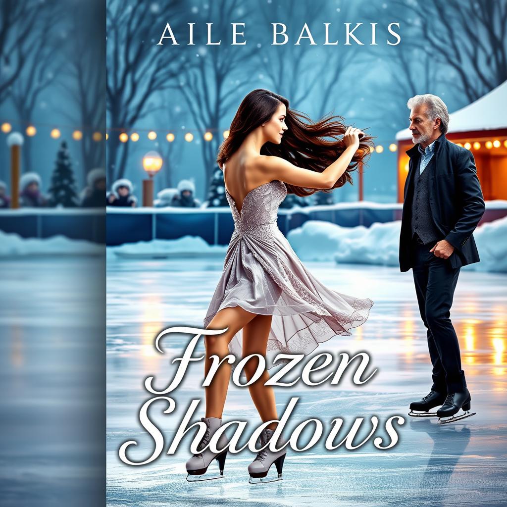 A romantic book cover featuring a brunette woman gracefully ice skating in an elegant pose on a glistening ice rink