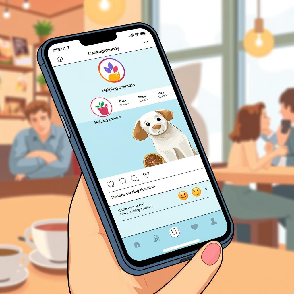 A detailed illustration of a smartphone screen displaying an Instagram post where a user is donating money to a charity