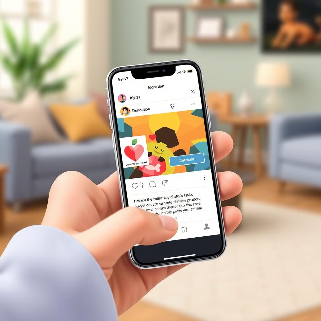 A realistic digital illustration of a smartphone displaying an Instagram screen where a user is making a donation to a charity