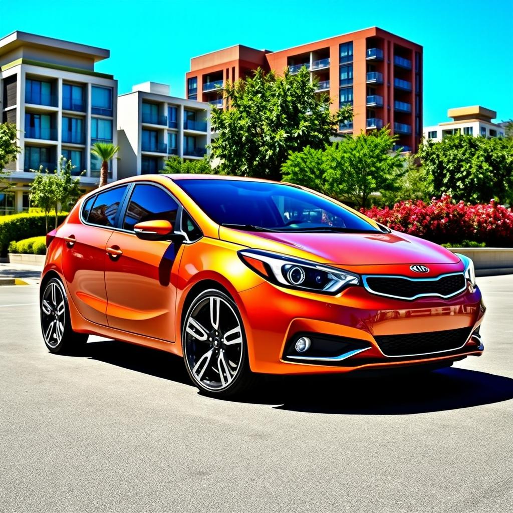 A stylish 2017 Kia Forte hatchback featuring distinctive 17-inch rims inspired by the design of the 2010 Mitsubishi Eclipse