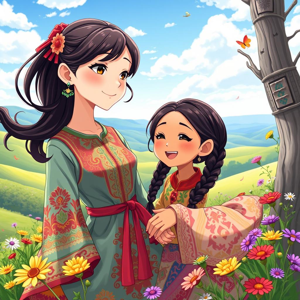 Anime-style illustration of two Kazakh sisters, Anel and Khanshayim
