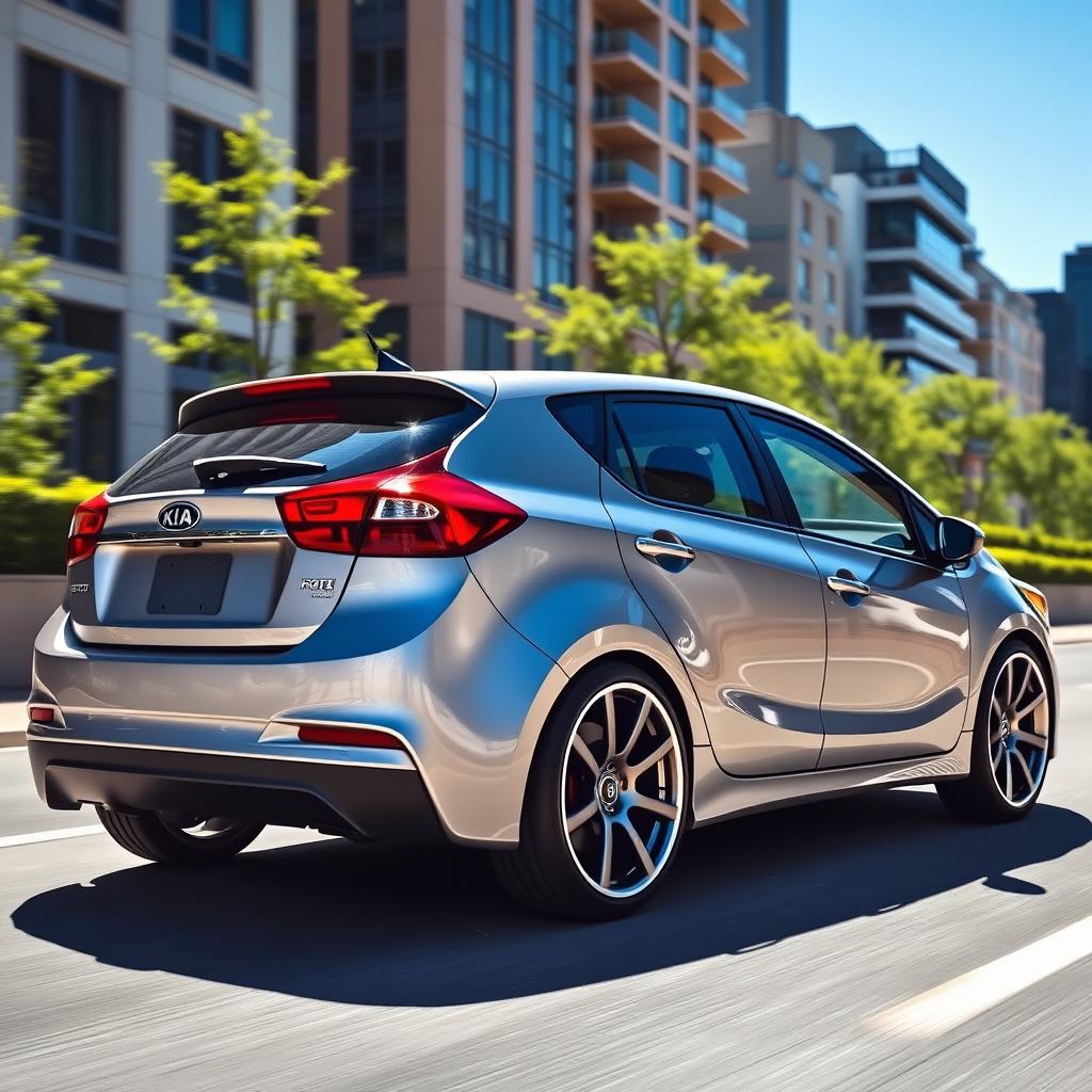 A 2017 Kia Forte hatchback modified with sporty 17-inch rims taken from a 2010 Mitsubishi Eclipse