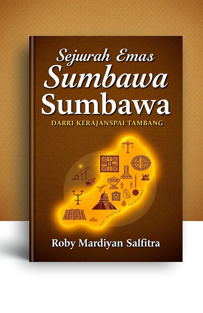 A book cover design for 'Sejarah Emas Sumbawa: Dari Kerajaan Sampai Tambang' by Roby Mardiyan Safitra