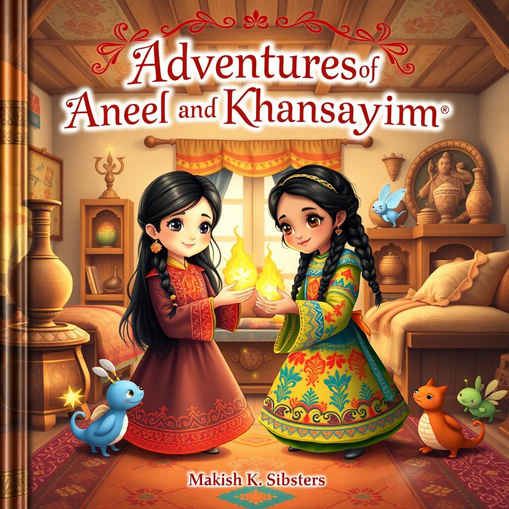 A charming fairy tale book cover featuring Kazakh sisters Anel and Khanshayim set in their traditional Kazakh home